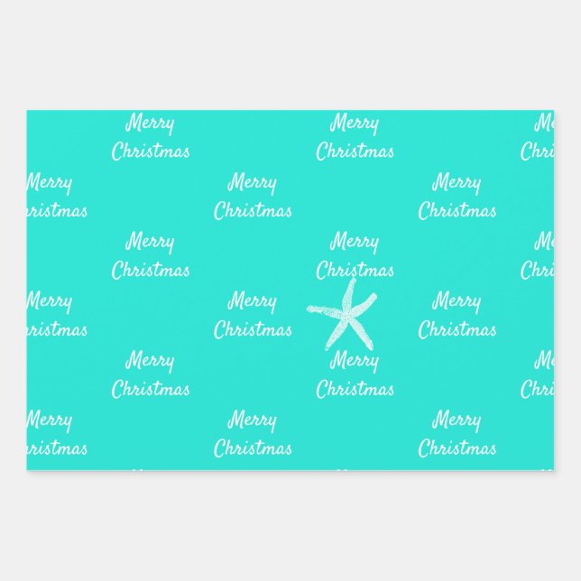 Merry Christmas Starfish Patterns Teal Blue Green Wrapping Paper Sheet (Front)