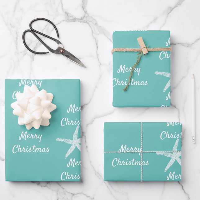 Merry Christmas Starfish Patterns Teal White Beach Wrapping Paper Sheet (Front)