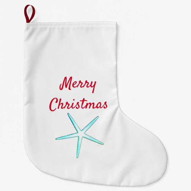 Merry Christmas Starfish Red Teal White Cute Large Christmas Stocking (Front)