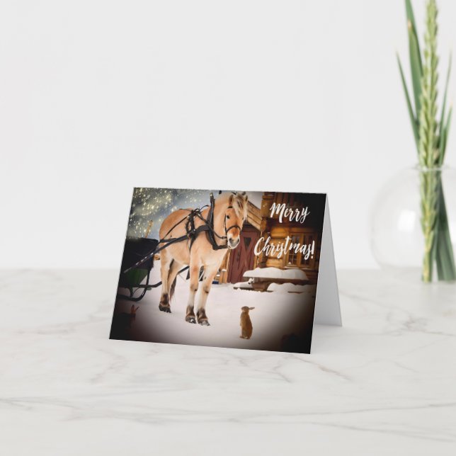 Merry Christmas starry night at farm with horse Holiday Card (Front)