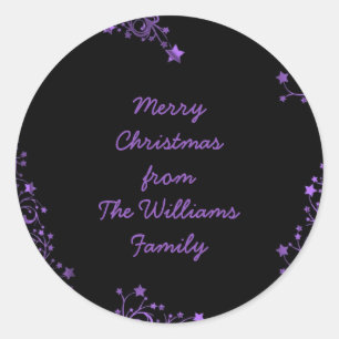 Merry Christmas Stars Black Purple Elegant Chic Classic Round Sticker