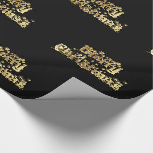 Merry Christmas Stars Typography Black Gold Chic Wrapping Paper