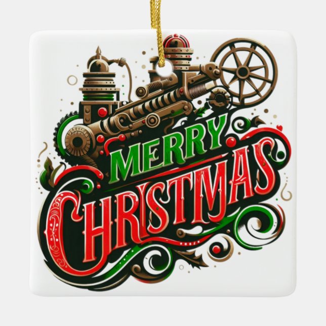 Merry Christmas steampunk Ceramic Ornament (Front)