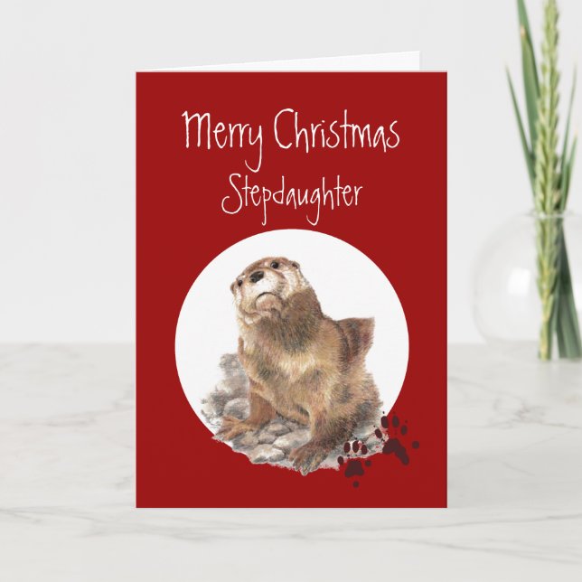Merry Christmas Stepdaughter Otter Animal Humour Holiday Card (Front)