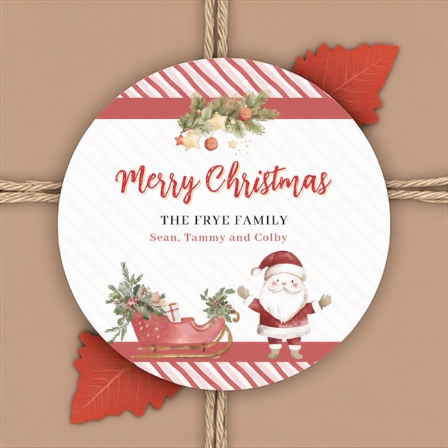 Merry Christmas Stickers Santa Sleigh Round Labels (Merry Christmas round sticker with Santa and sleigh design)