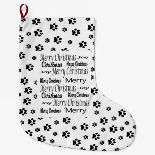 Merry Christmas Stocking, Cat Dog Prints Black  Large Christmas Stocking