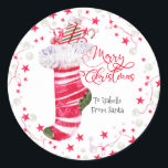 Merry Christmas Stocking Personalized Classic Round Sticker<br><div class="desc">Merry Christmas stocking with fur personalized sticker for gifts or treats.</div>