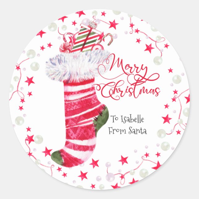 Merry Christmas Stocking Personalized Classic Round Sticker (Front)