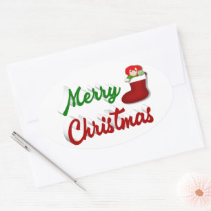 Merry Christmas Stocking red green script Oval Sticker