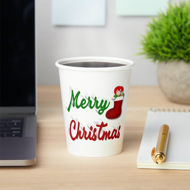 Merry Christmas Stocking red green script  Paper Cups (Insitu)