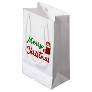 Merry Christmas Stocking red green script Small Gift Bag