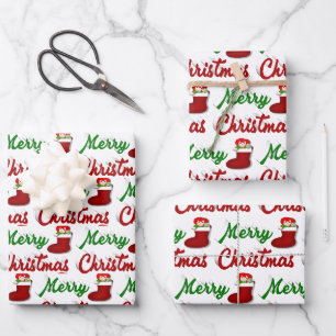 Merry Christmas Stocking red green script Wrapping Paper Sheet