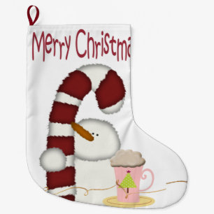 Merry Christmas Stocking, Snowman Coffee Large Christmas Stocking