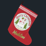 Merry Christmas Stocking Snowman Couple<br><div class="desc">Decorate your mantle with this cute personalized Christmas Stocking. The stocking features a folksy snowman couple surrounded by festive Christmas trees on a light mint green medallion against a red striped background. The Snowman design reads, "Merry Christmas and a Happy New Year" in red and golden yellow. Just below that...</div>