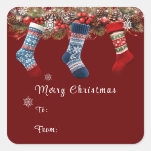 Merry Christmas Stockings Pine Cone Garland   Square Sticker
