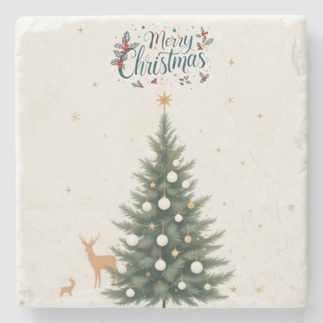 Merry Christmas Stone Coaster with Christmas Tree  (Front)