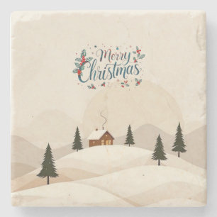 Merry Christmas Stone Coaster with Christmas Tree