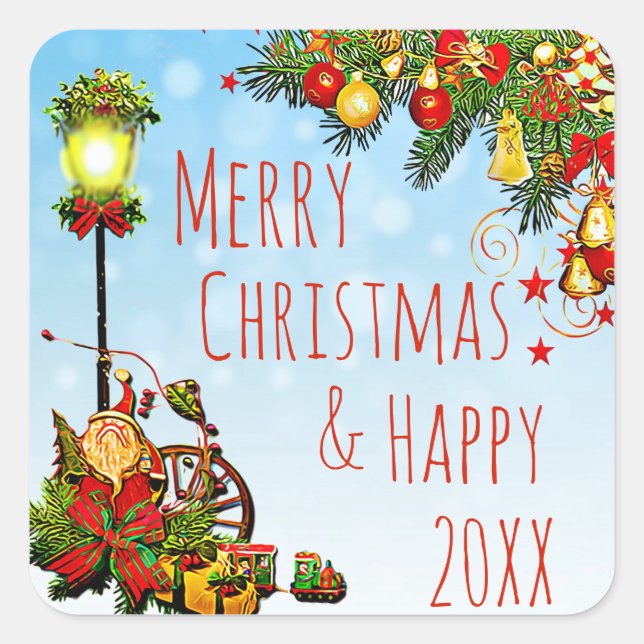 Merry Christmas Street Light and Pine Wreath Square Sticker (Front)