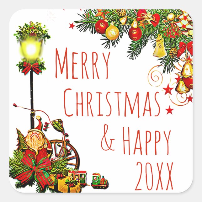 Merry Christmas Street Light and Pine Wreath Square Sticker (Front)