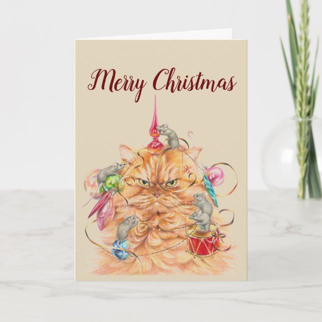 Merry Christmas Stress Free Fun Cat & Mouse Animal Holiday Card (Front)