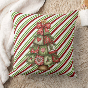 Merry Christmas Striped With Tree Throw Pillow
