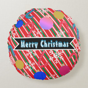 Merry Christmas Stripes Candy Canes Ornaments  Round Pillow