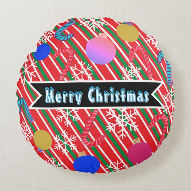 Merry Christmas Stripes Candy Canes Ornaments  Round Pillow (Front)