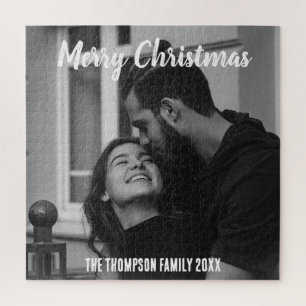 Merry Christmas stylish black and white script Jigsaw Puzzle