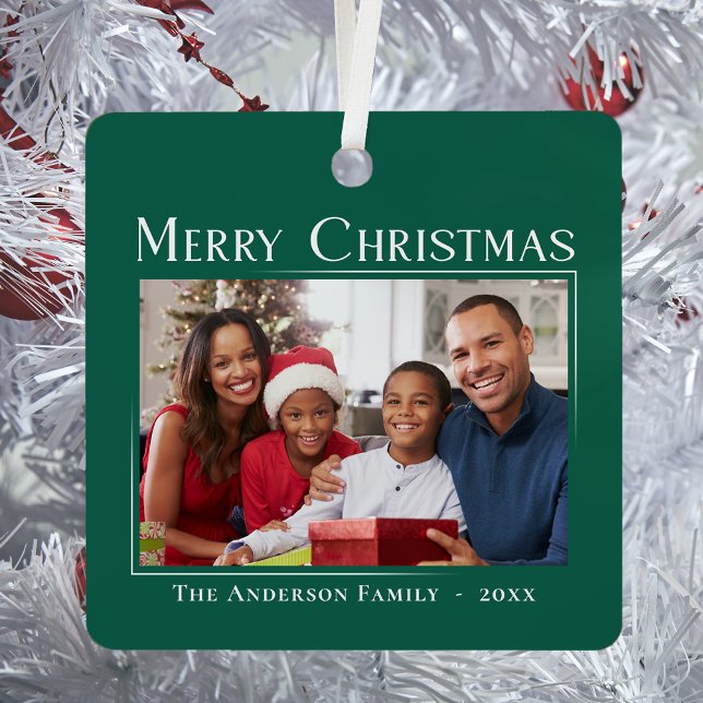 Merry Christmas Stylish Elegant Family Photo Chic Metal Ornament (Creator Uploaded)