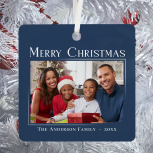 Merry Christmas Stylish Elegant Photo Custom Metal Ornament