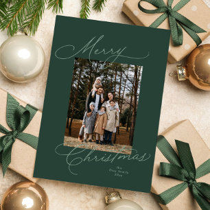 Merry Christmas stylish script green photo Holiday Card