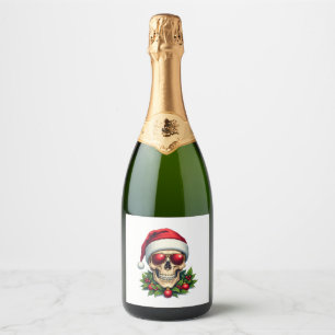 Merry Christmas Sugar Skull Santa Hat Family Xmas Sparkling Wine Label