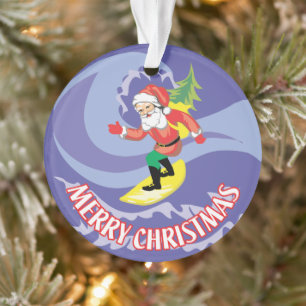 Merry Christmas Surfboarding Santa Ornament