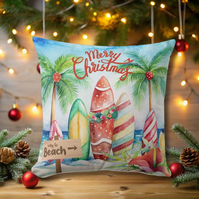 Merry Christmas Surfboards on the Beach Throw Pillow (Creator Uploaded)