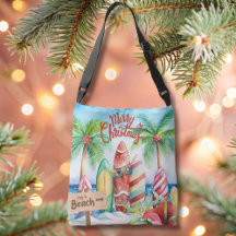 Merry Christmas Surfboards on the Beach Tote Bag