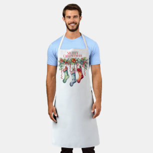 Merry Christmas Swag with 3 Stockings on WHITE, Apron