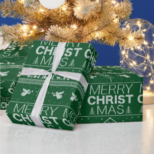 Merry Christmas Sweater Christian Green Jesus God Wrapping Paper