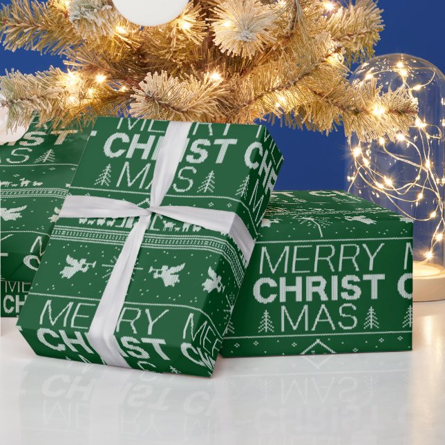 Merry Christmas Sweater Christian Green Jesus God Wrapping Paper (Holidays)