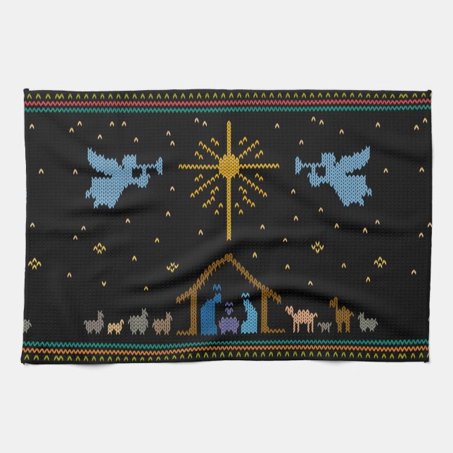 Merry Christmas Sweater Nativity Christian Merry Kitchen Towel (Horizontal)