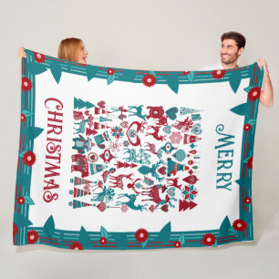 Merry Christmas Symbol Nordic Floral Border Winter Fleece Blanket