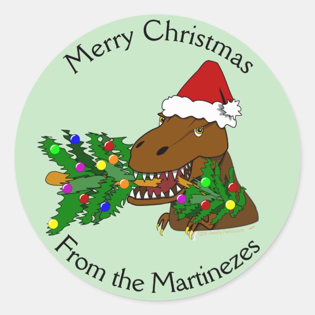 Merry Christmas T-rex Dinosaur Stickers Your Name (Front)