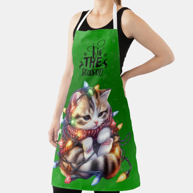 Merry Christmas Tabby Kitten  In Tangled Lights Apron (Insitu)