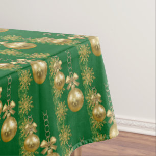 Merry Christmas Tablecloth, Gold Balls Green Tablecloth