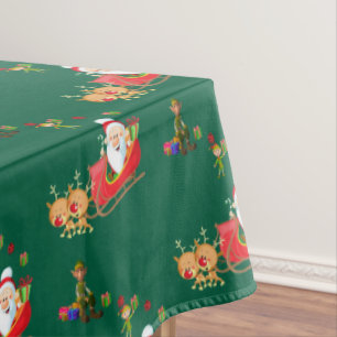 Merry Christmas Tablecloth, Green Santa Elf Tablecloth
