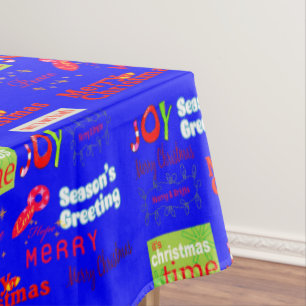 Merry Christmas Tablecloth, Seasons Greetings Blue Tablecloth