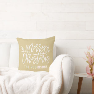 Merry Christmas Tan Modern Custom Family Throw Pillow