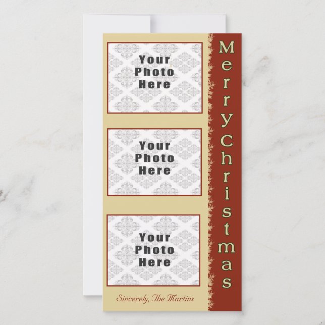 Merry Christmas Tan/Red 3 Photo 4x8 Holiday Card (Front)