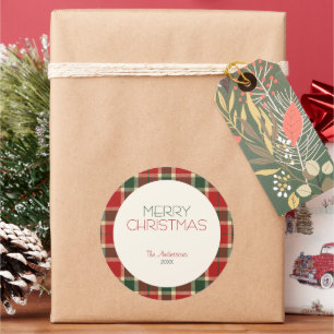 Merry Christmas Tartan Plaid Custom Classic Round Sticker