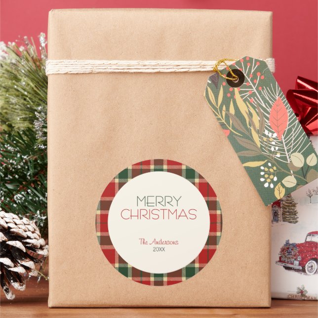 Merry Christmas Tartan Plaid Custom Classic Round Sticker (Holiday)