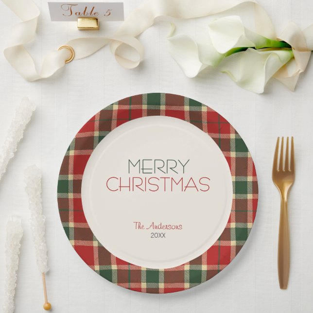 Merry Christmas Tartan Plaid Custom Paper Plate (Wedding)